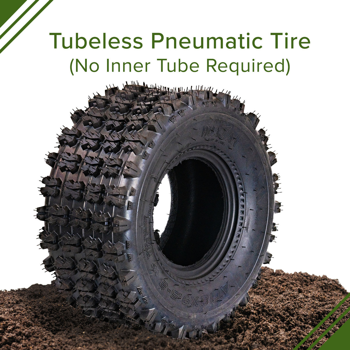 18x9.5-8 Rear Tire for Coleman AT125-EX & AT125-UT ATVs, shown on the ground with knobby tread and visible hole, ideal for replacing worn or damaged tires on ATVs.