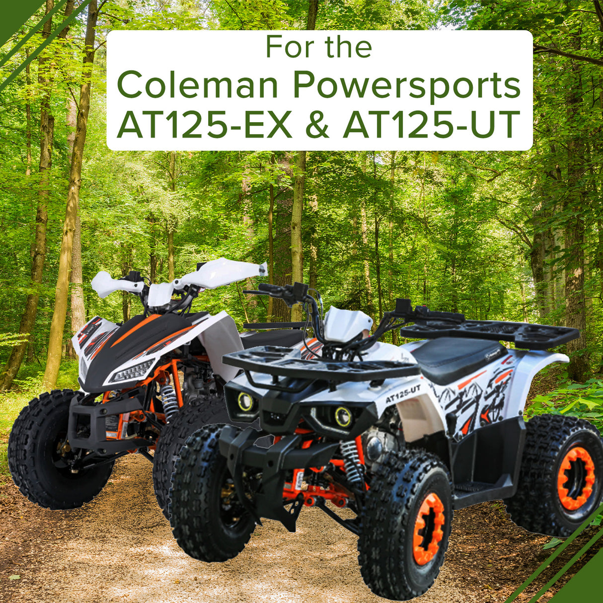 18x9.5-8 Rear Tire for Coleman AT125-EX & AT125-UT ATVs with knobby tread, shown close-up on parked ATVs on a dirt road in the woods.