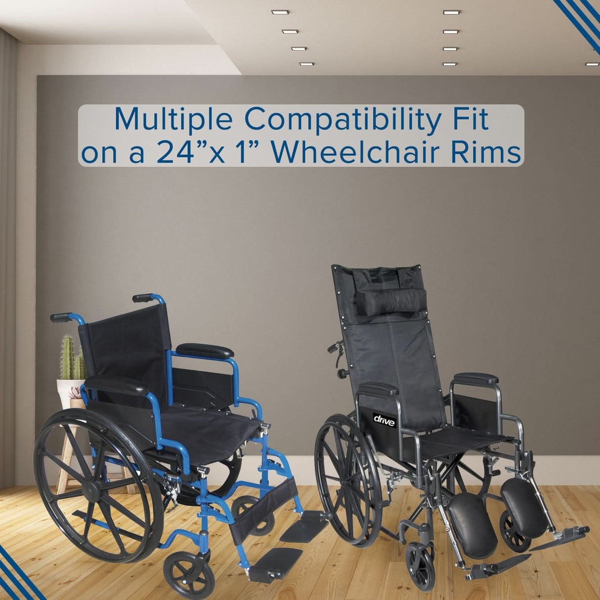 24x1 Solid Urethane Treadless Tire for Drive Medical Wheelchairs, shown on a wheelchair in a room with wooden flooring and another wheelchair in the background.
