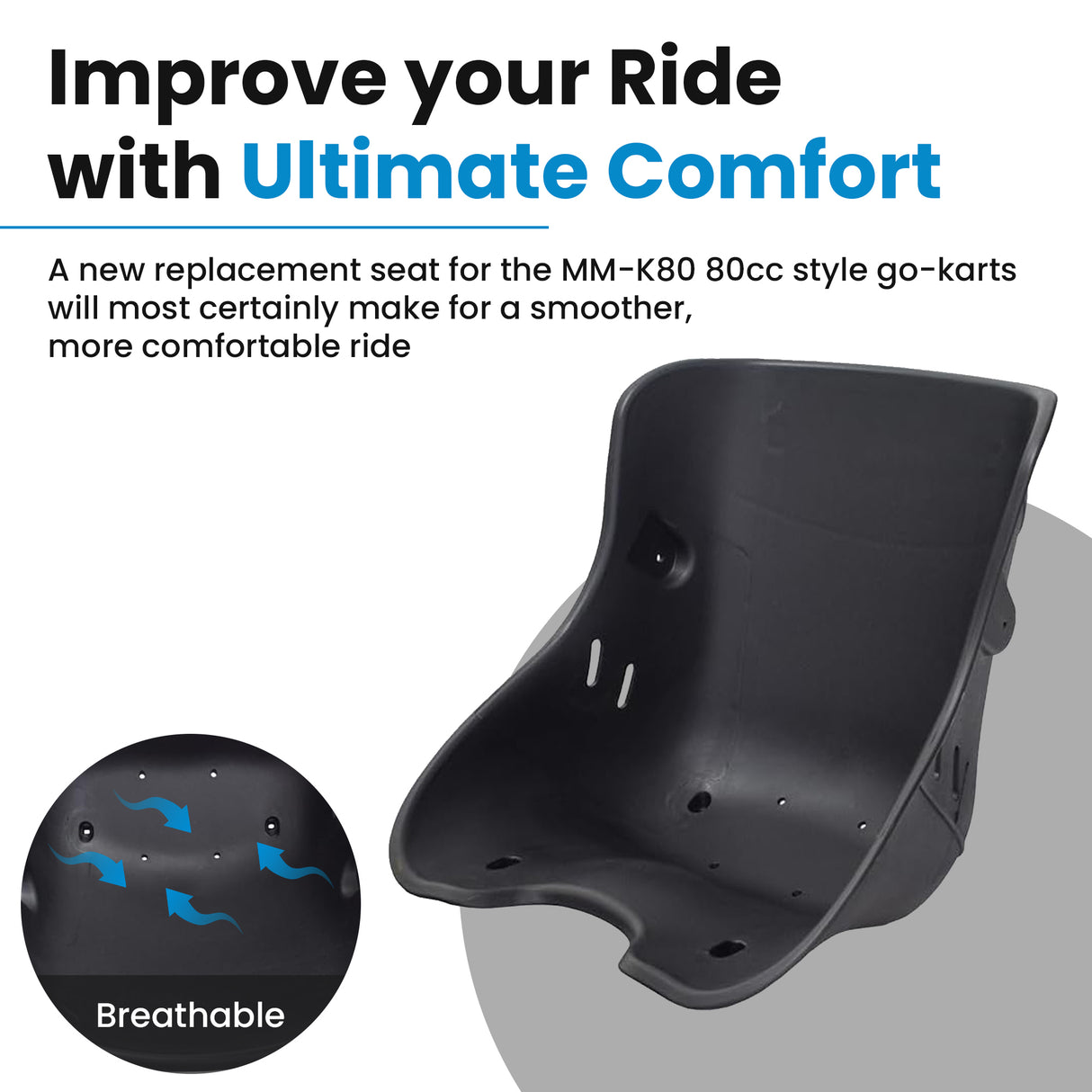 Seat for the Monster Moto / Mega Moto MM-K80 80cc Go-Kart, a black plastic bucket seat with holes and slots for a safety belt, designed to securely hold the rider.