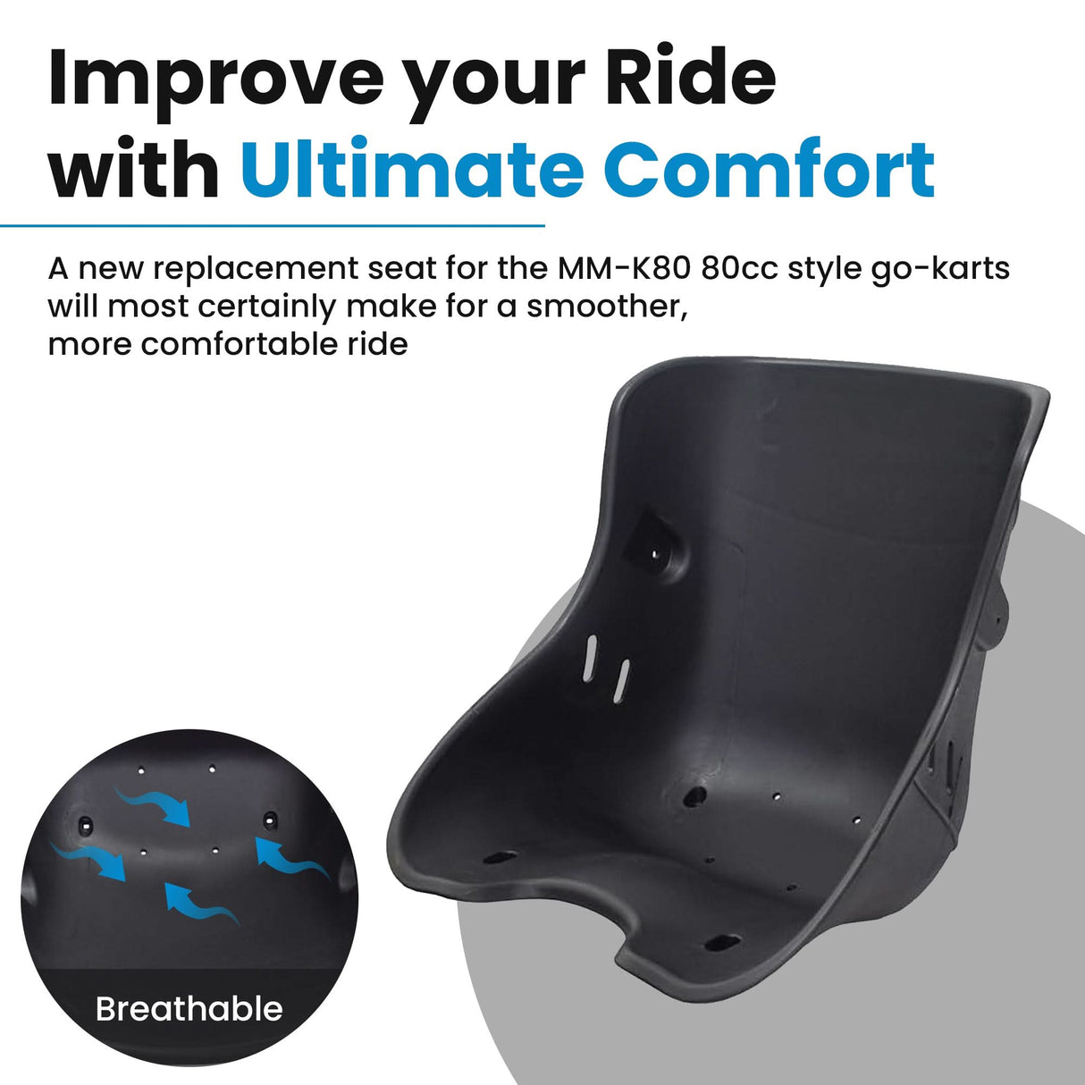 Seat for the Monster Moto / Mega Moto MM-K80 80cc Go-Kart, a black plastic bucket seat with holes and slots for a safety belt, designed to securely hold the rider.