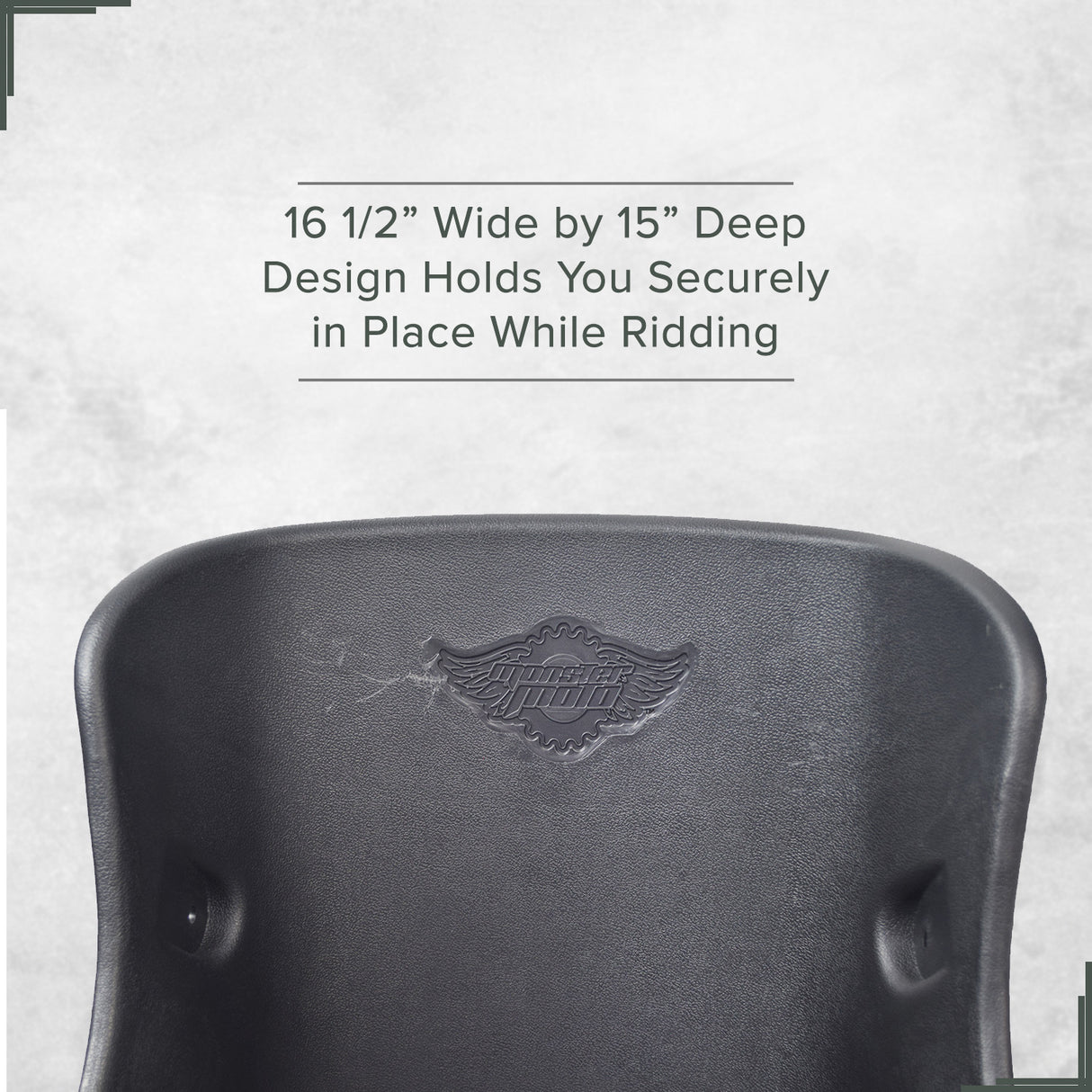 Seat for the Monster Moto / Mega Moto MM-K80 80cc Go-Kart: Black plastic bucket seat with logo and safety belt slots designed to securely support the rider.