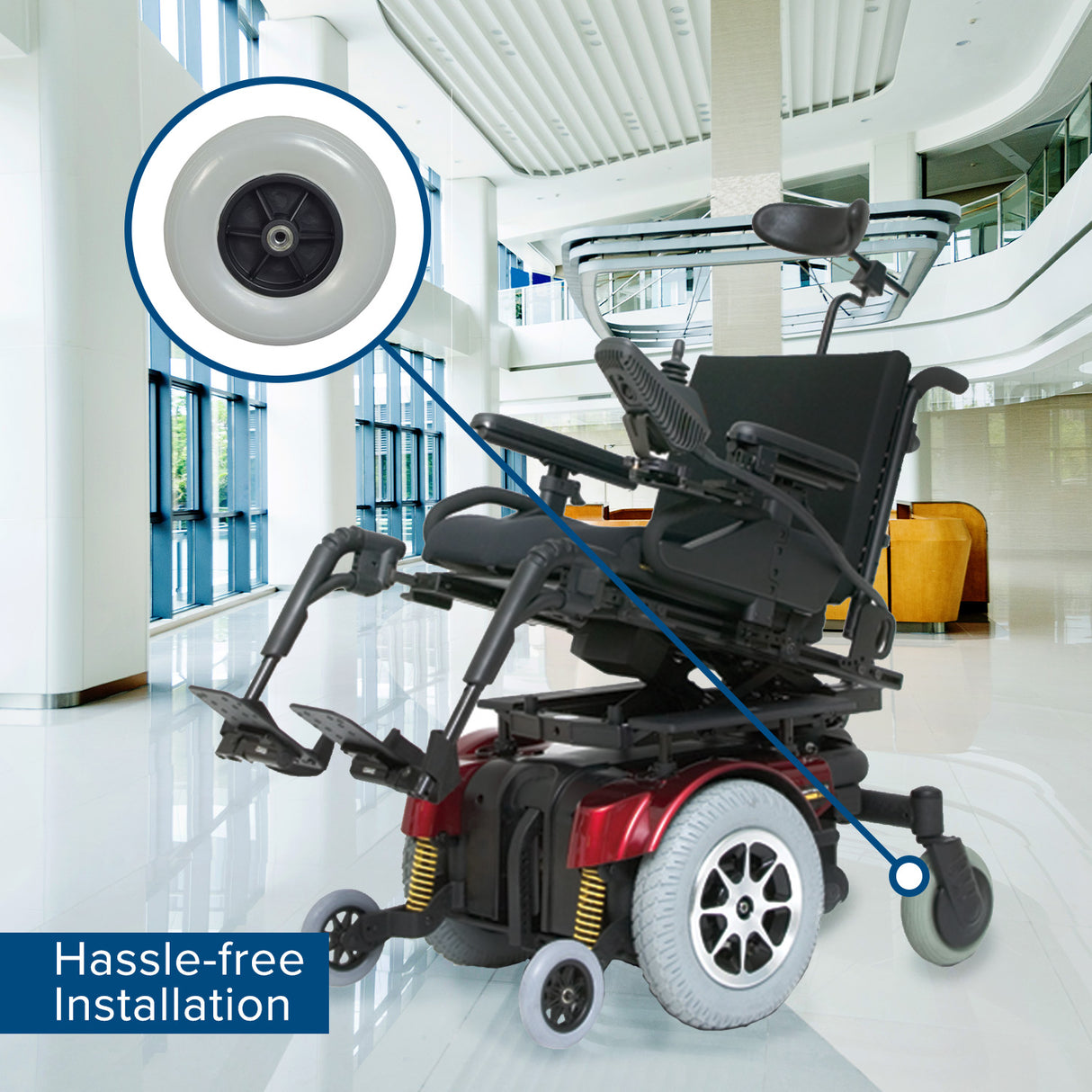 8x2 (200x50) Rear Caster Wheel Assembly for Jazzy 1101, 1120, 1121, 1122, 1400, and Jazzy Select 14/14XL Power Chairs, featuring a solid polyurethane wheel with rim, steel spacer, and shielded ball bearings.