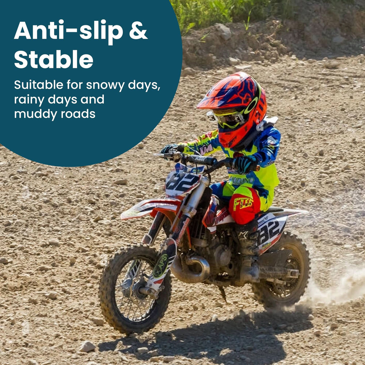 Child riding a mini dirt bike with 3.00-10 Dirt Bike Tire featuring QD015 Knobby Tread, ideal for 49cc/50cc & 70cc models, showcasing the tire's robust design and performance for off-road use.
