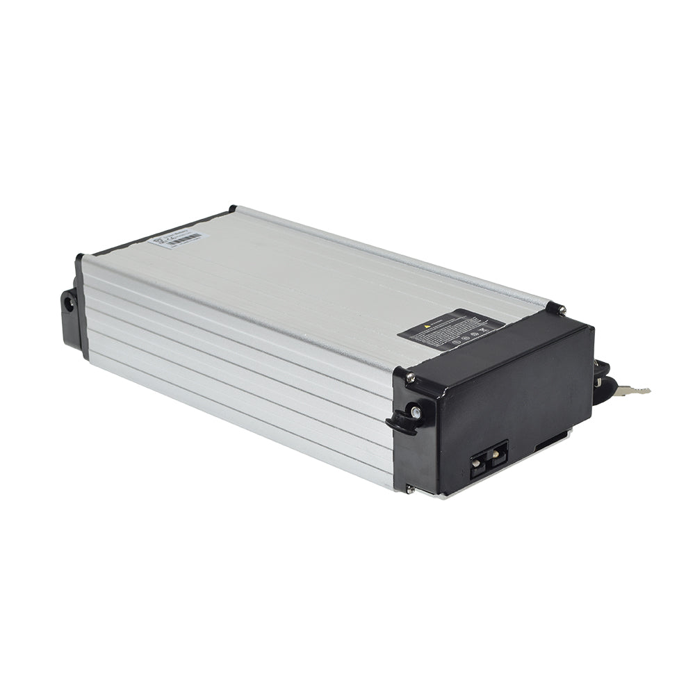48 Volt 10 Ah Lithium-ion Electric Bike Battery Pack & Charger, silver and black, with a battery rack for rear wheel mounting, shown in close-up highlighting its compact design and electronic components.