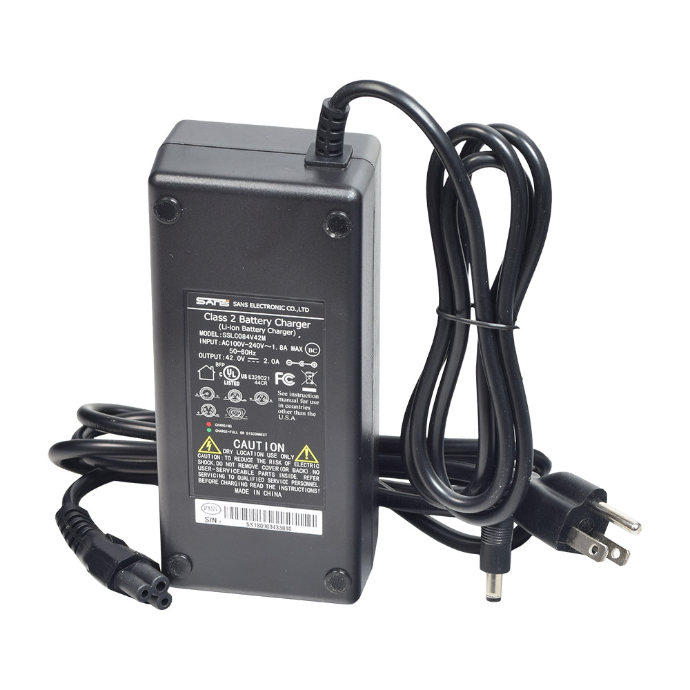 36 Volt 10 Ah Lithium-ion Electric Bike Bottle-Style Battery Pack, Bracket, & Charger featuring a black power supply with attached wires and a close-up of the battery charger unit.