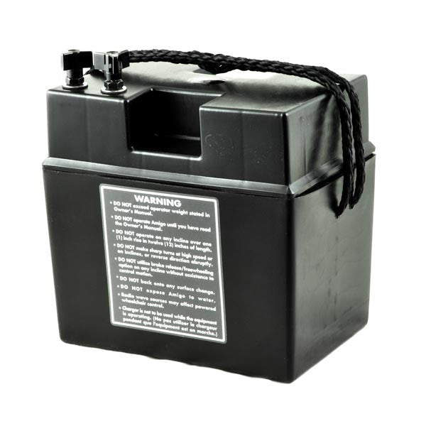Battery Box Assembly with 24 Volt 12 Ah Batteries for the Amigo Classic FD & Viva Scooters, featuring a black battery with a black cord, ideal for seamless transportation and reliable mobility.