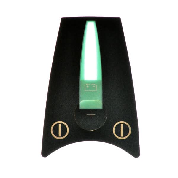 Battery Indicator Keypad for Pilot Joystick Controller on Pride Mobility scooters, showing a close-up of the black and green device with a white light indicating battery status.