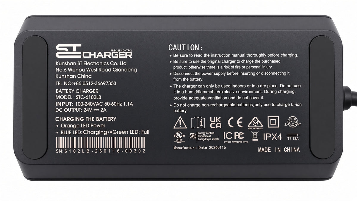 Close-up of the battery charger for the Golden Cricket GP302 and Golden Stride GP301 power chairs, showing the connector.
