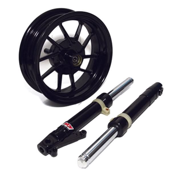 Front End Kit for the Honda Ruckus (NPS50) - NCY, featuring a close-up of the black wheel, shock absorber, and parts for the big brake conversion.