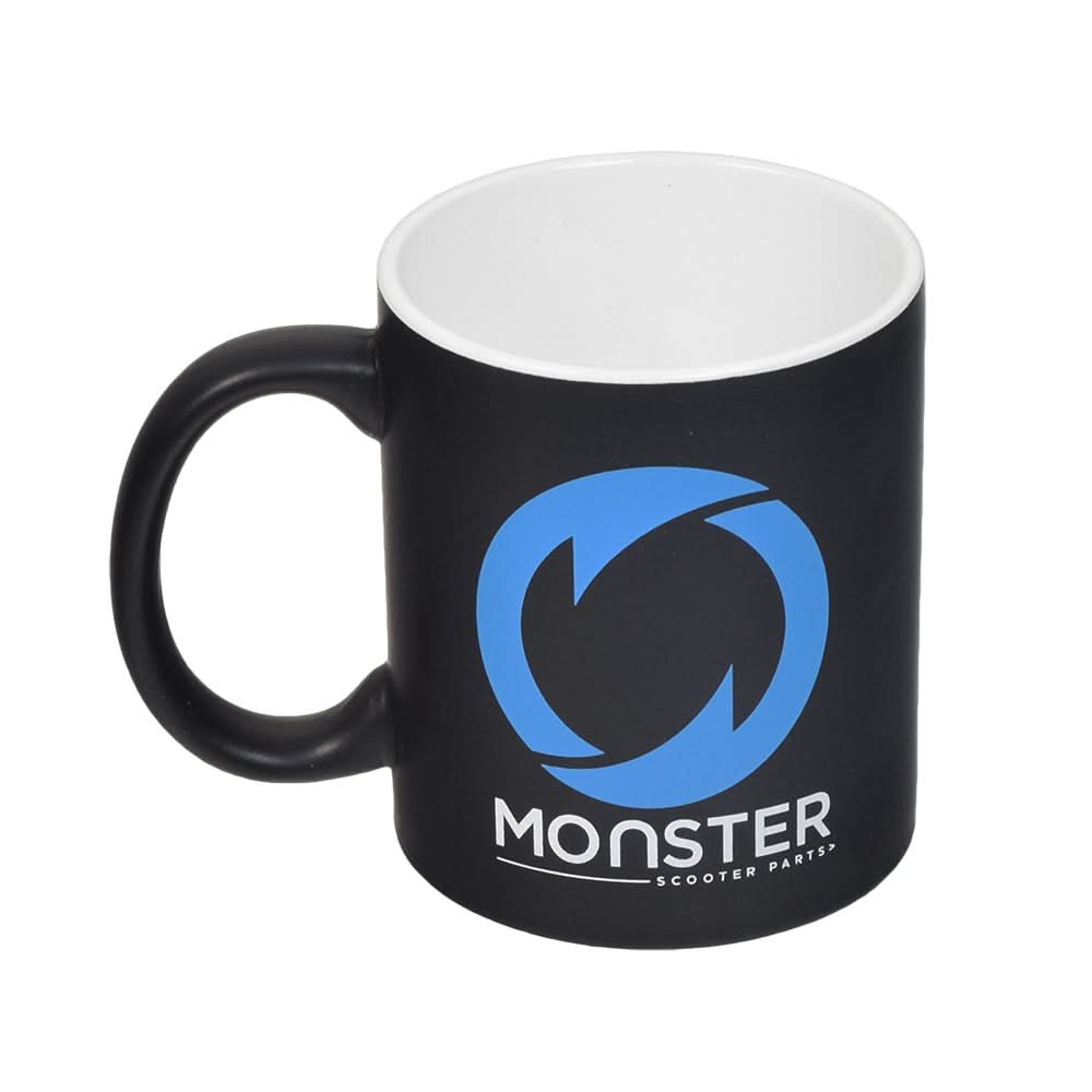 Monster Scooter Parts Ceramic Coffee Mug featuring a blue logo, designed with a sturdy handle for a comfortable grip. Ideal for hot beverages, and both dishwasher and microwave safe.