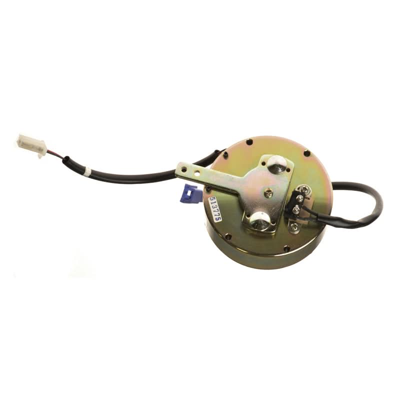 Close-up of the Brake Assembly with Lever for the Shoprider Sprinter XL4, showcasing the electric motor, microswitch, and freewheel release lever, measuring 3-3/4 inches in diameter.