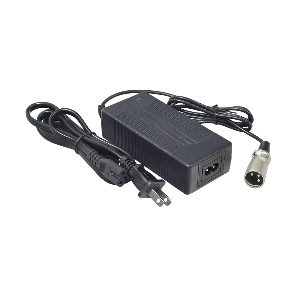 36 Volt 1.5 Amp XLR Battery Charger with Modified 3-Pin Connector featuring a black power supply with attached wires, ideal for replacing chargers on discontinued Mongoose and IZIP electric bicycles.