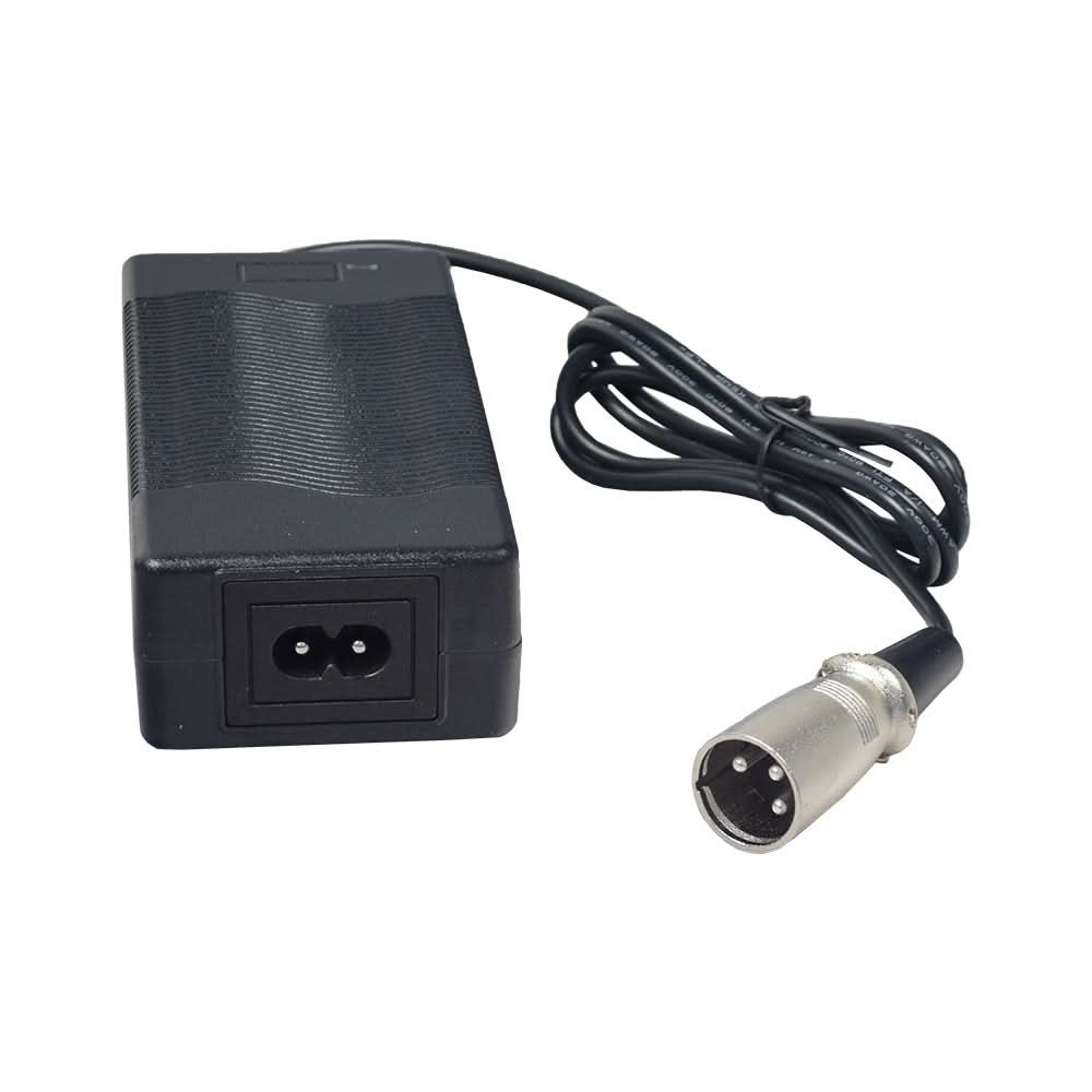 36 Volt 1.5 Amp XLR Battery Charger with Modified 3-Pin Connector, featuring a black power adapter and cable with a close-up of the plug.