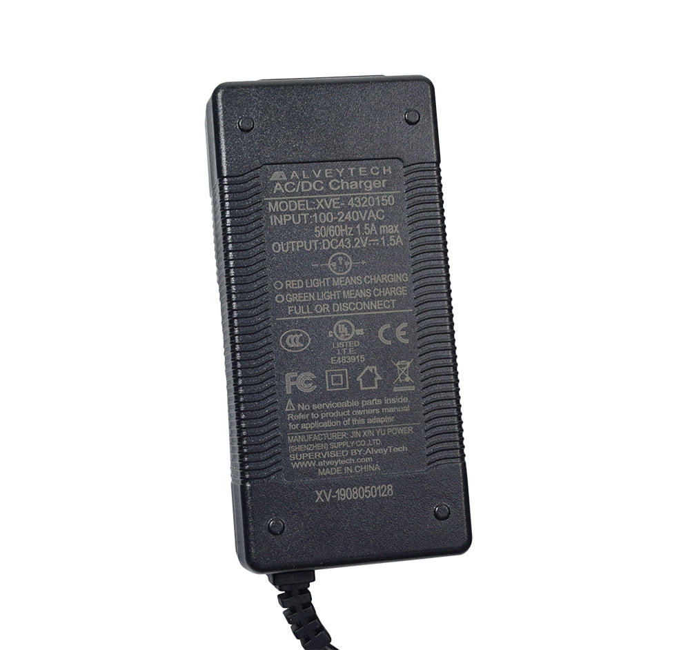 36 Volt 1.5 Amp XLR Battery Charger with Modified 3-Pin Connector, featuring a black power supply with a cord and visible text on its rectangular surface.