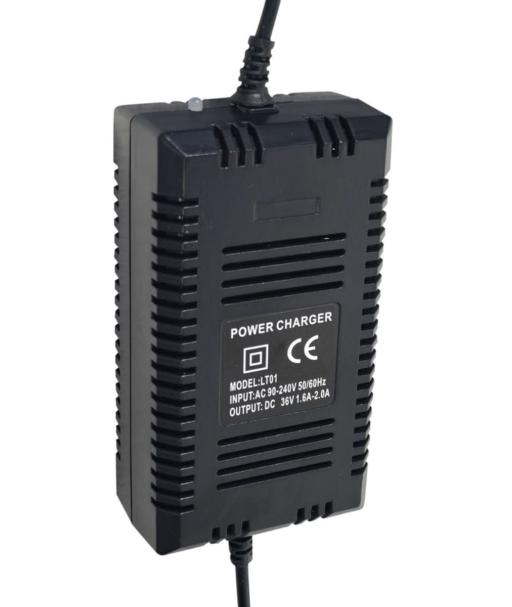 36 Volt 1.8 Amp XLR Battery Charger for Mongoose M750 Scooter, featuring a black power charger with attached wire and LED indicators for charge status. Suitable for 36V scooters and bikes.