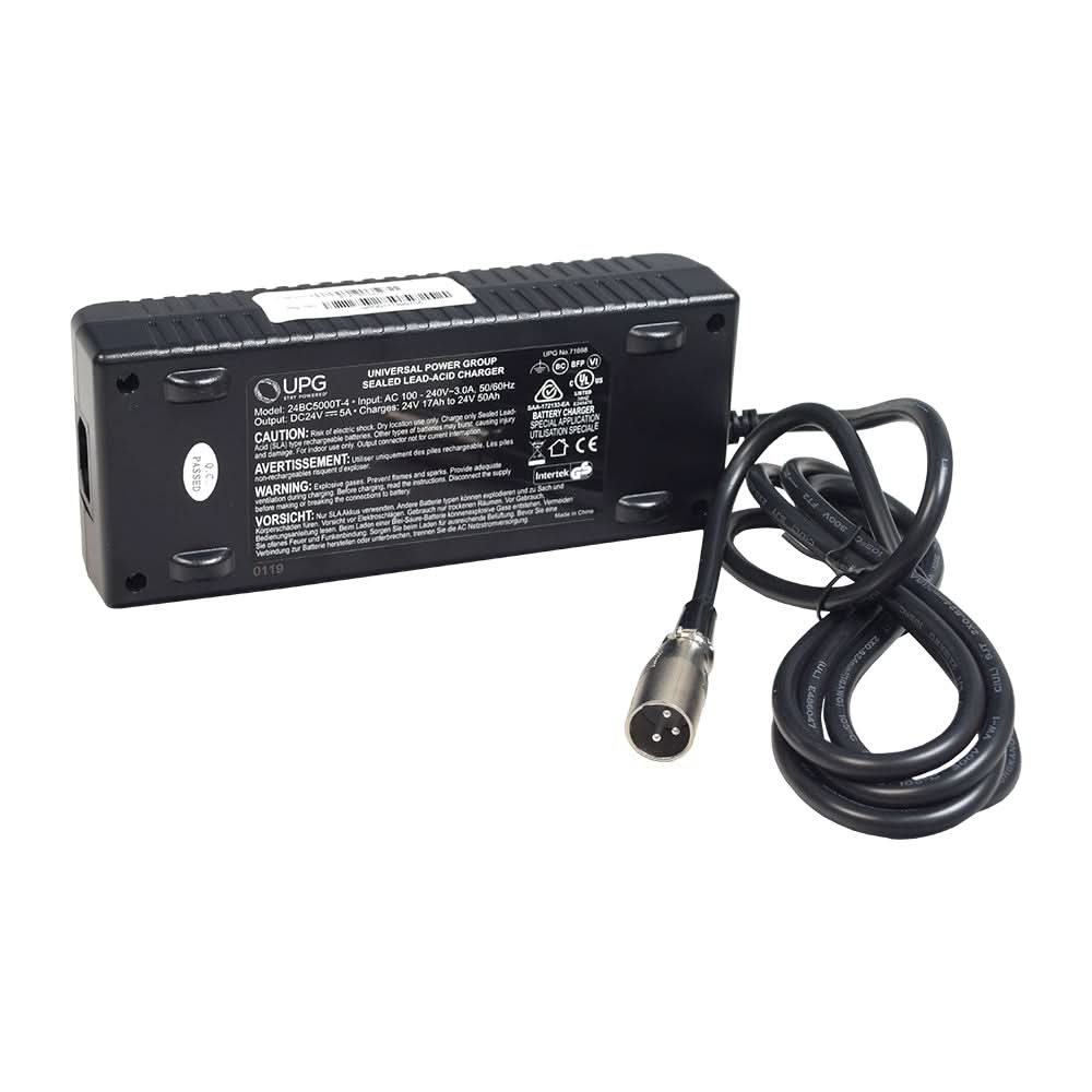 24 Volt 5.0 Amp XLR Gel Battery Charger for the Mega Motion Endeavor X, featuring a black power supply with attached cable and silver connector, along with visible white text on the unit.