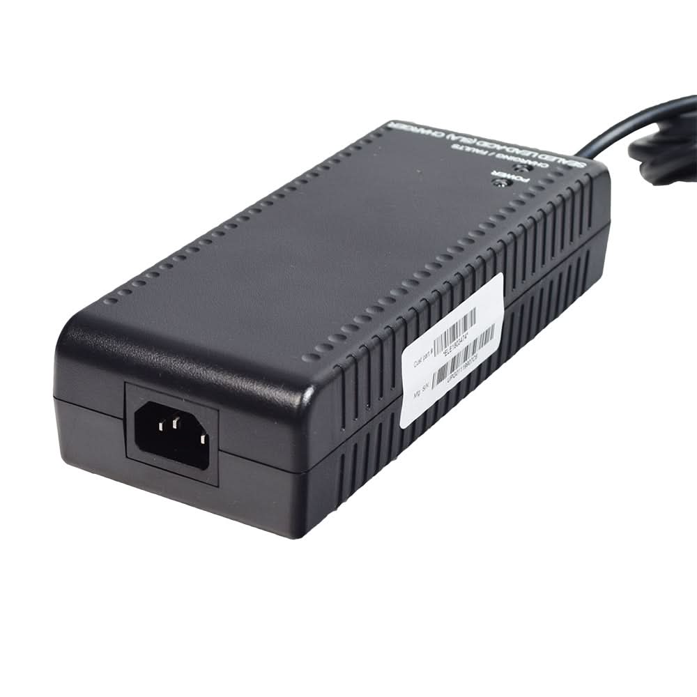 24 Volt 5.0 Amp XLR Gel Battery Charger for the Mega Motion Endeavor X, featuring a black power supply with a white label, close-up of a barcode, cable, and plug.