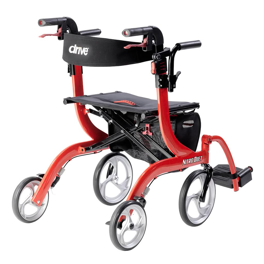 Nitro Duet Dual Function Transport Wheelchair and Rollator Rolling Walker, Red