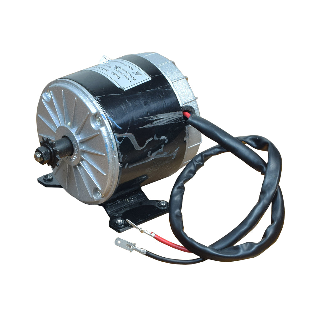 36 Volt 350 Watt MY1016 Electric Motor with 11 Tooth #25 Chain Sprocket (Blemished), showing slight external wear, close-up view highlighting its structure and wiring, mounted on a universal bracket.