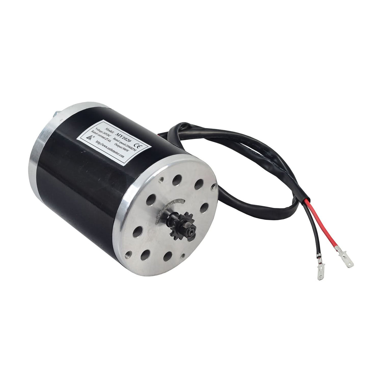 24 Volt 500 Watt MY1020 Electric Motor with 11 Tooth #25 Chain Sprocket, featuring black and silver casing, visible cables, gears, and mounting holes on the front and rear faces.