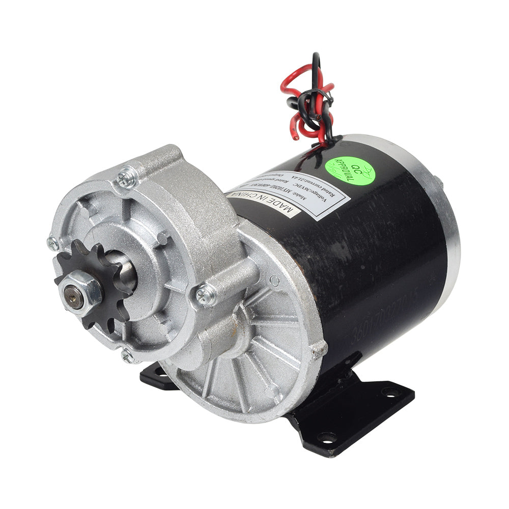 36 Volt 600 Watt MY1020Z Gear Reduction Electric Motor with 10 Tooth #40 Chain Sprocket (Blemished), featuring a round metal body and red wires, ideal for go-karts or custom builds.