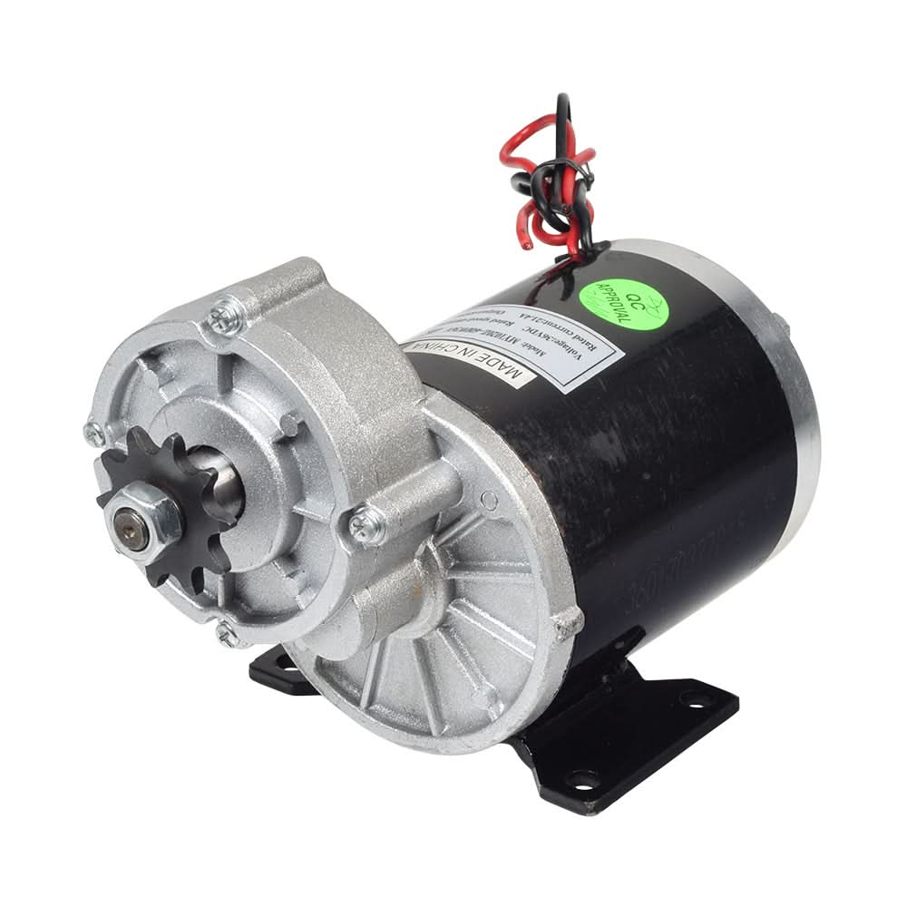 36 Volt 600 Watt MY1020Z Gear Reduction Electric Motor with 10 Tooth #40 Chain Sprocket (Blemished), featuring a round metal body and red wires, ideal for go-karts or custom builds.