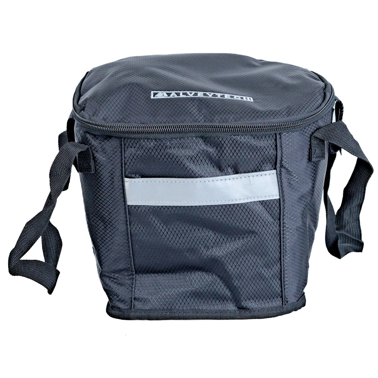 Insulated Front Basket Bag for Mobility Scooters, featuring a black design with a strap, high-quality insulated lining, zippered main compartment, and durable ripstop polyester construction, ideal for carrying essentials discreetly.