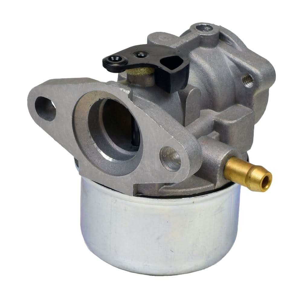 Carburetor 498170 for Briggs & Stratton 124000 Engines, featuring a close-up of the metal components and black and gold valve, showing intricate details and fittings.