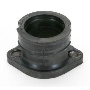 Carburetor Mounting Flange for 500cc Polaris Snowmobiles (1996-2000), a black rubber part with holes, used to connect the carburetor to the engine's cylinder head.