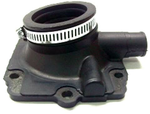 Carburetor Mounting Flange for Polaris RMK Snowmobiles (2000-2001), a black metal object with a metal band, shown in a close-up image highlighting its connection design for securing the carburetor.