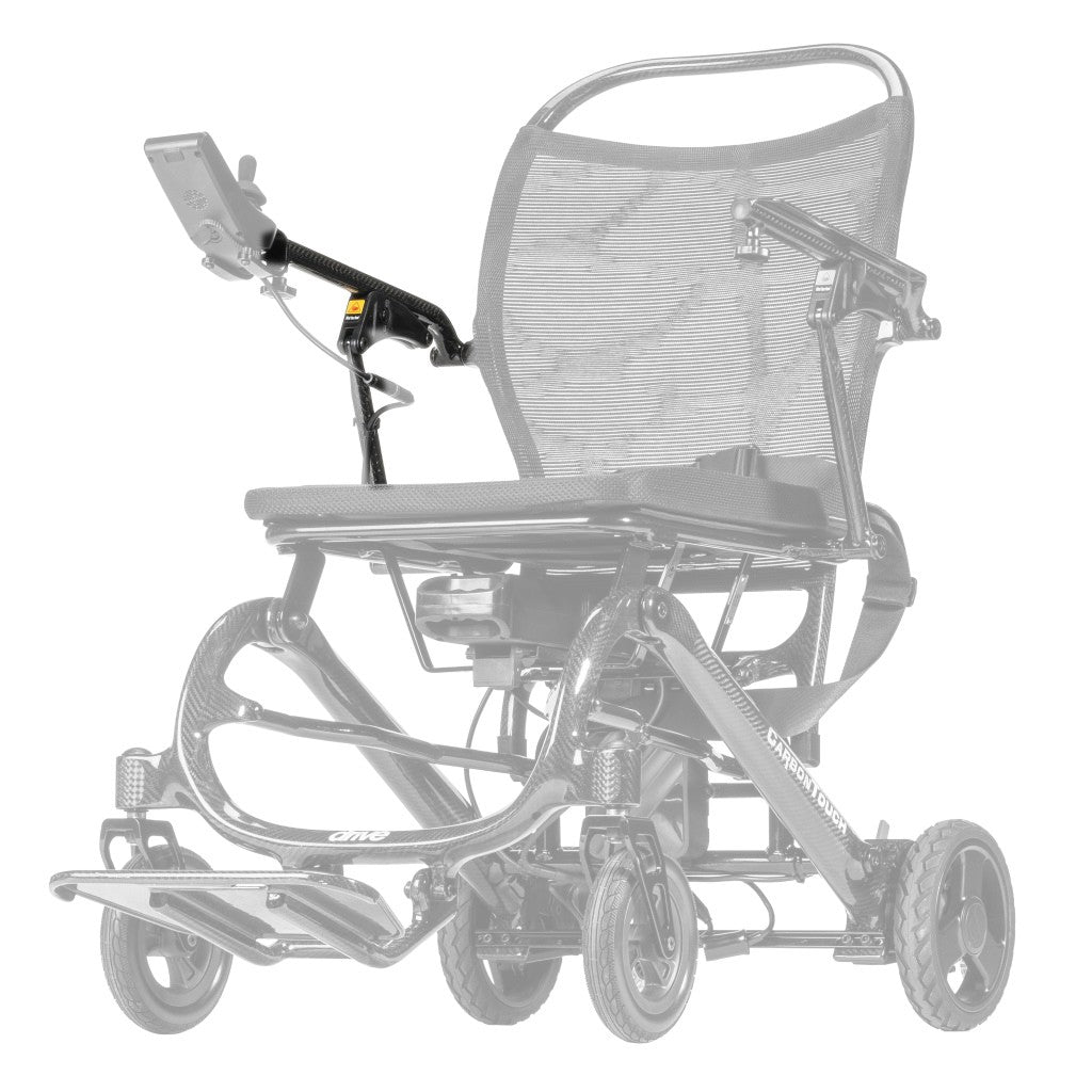 CFPC17FS-18 right armrest assembly shown in color on the Drive Medical CarbonTouch Power Wheelchair (CFPC17FS), rest of the power chair greyed out