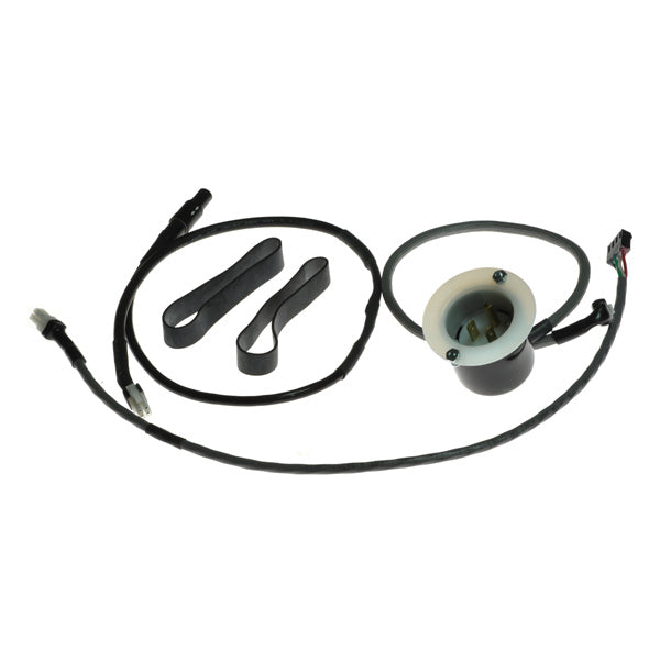 24 Volt 6.0 Amp CS1204L On-Board Battery Charger with Wiring Harnesses for Older Versions of the Amigo eXcite Power Chair, showing black cable, white round component, and mounting straps.