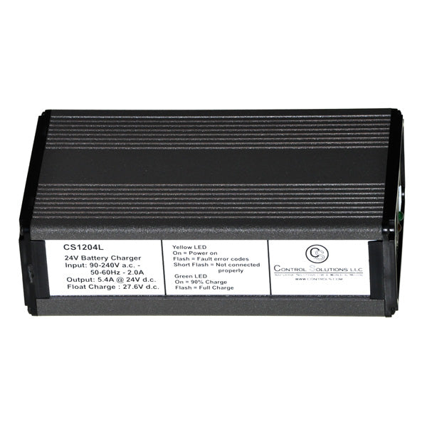 24 Volt 6.0 Amp CS1204L On-Board Battery Charger with Wiring Harnesses for Older Versions of the Amigo eXcite Power Chair, shown in a close-up view highlighting its design and front panel LEDs.