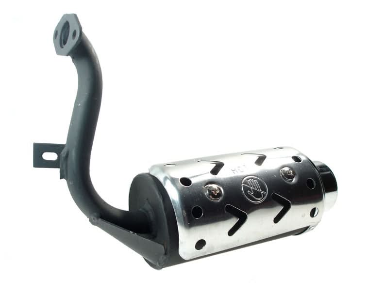Chrome Exhaust Pipe for 33cc, 36cc, 43cc, 49cc & 52cc Engines with 1-7/16 Mounting Holes, featuring a silver and black muffler with visible mounting hole distance.