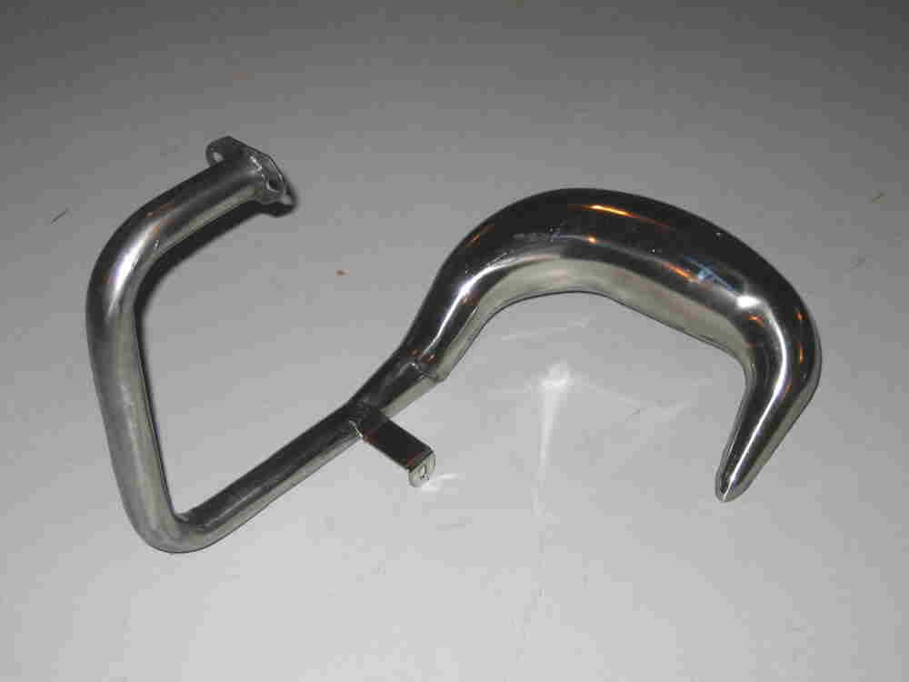 Chrome High Performance Pipe - Version 2: Close-up of a sleek metal exhaust pipe with a center bleed valve, designed for BladeZ and Tanaka style scooter engines, enhancing power output and acceleration.