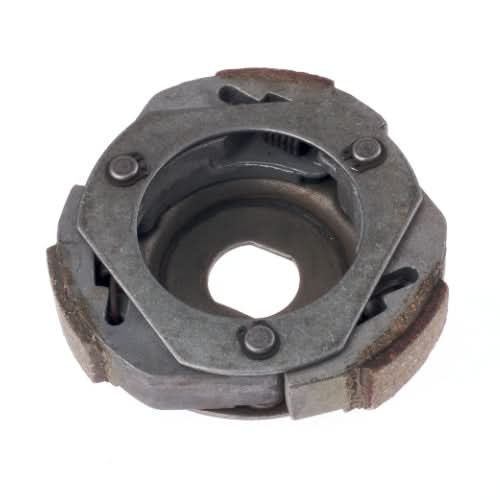 Clutch Shoe Assembly for KYMCO Agility 50, shown in close-up, featuring a metal object with a central hole, complete with clutch pads, springs, and a metal backing plate.