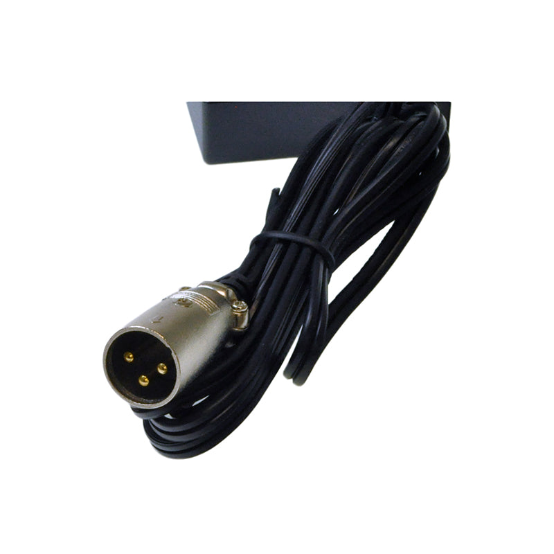 36 Volt 1.5 Amp XLR Battery Charger with Modified 3-Pin Connector, black cable with a silver connector, compatible with 36 volt Mongoose and IZIP electric bicycles.