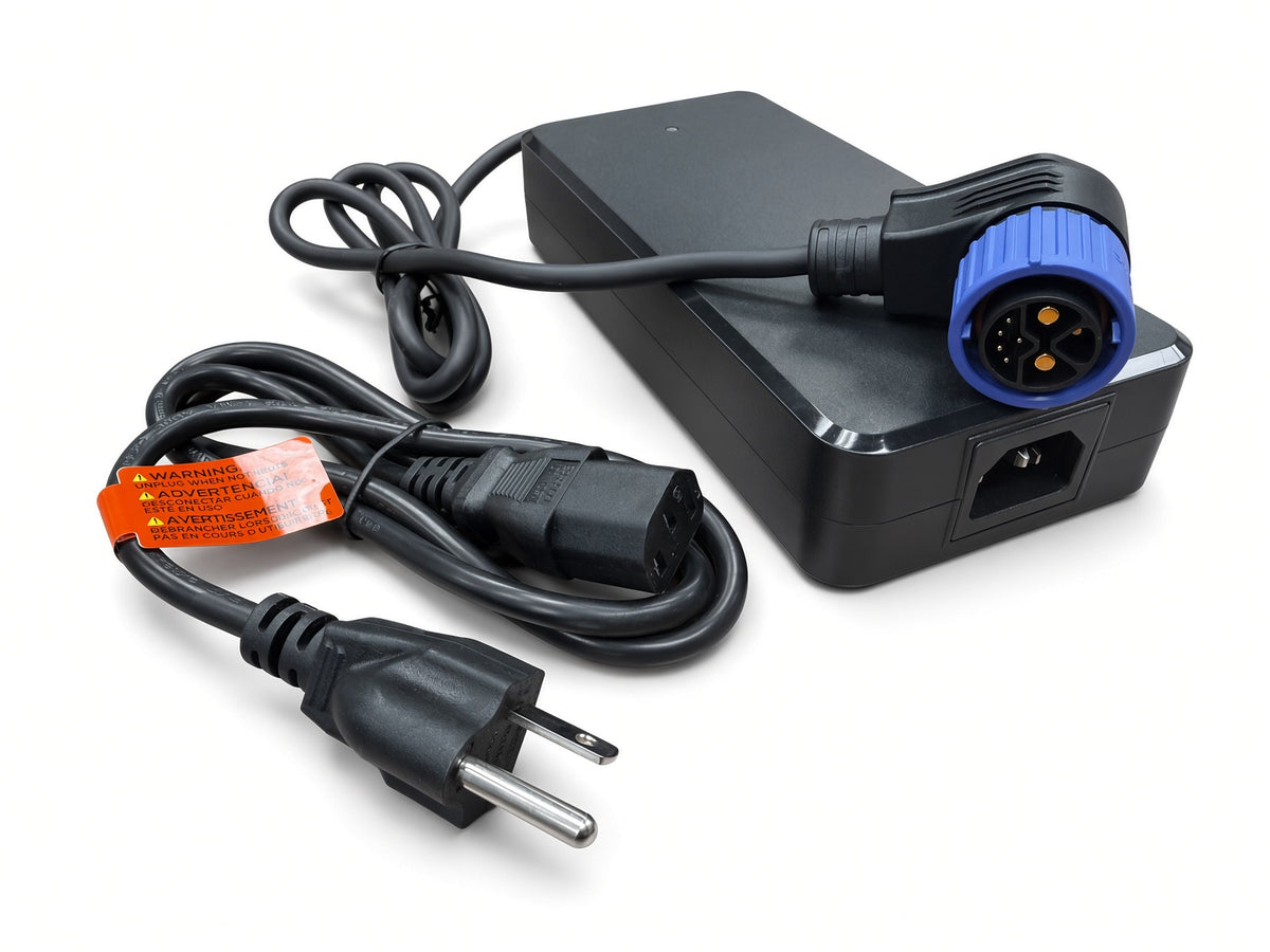 Blue 8-pin right-angle charging plug and 3-prong AC power cord for the Coleman EVB200 60 Volt battery charger