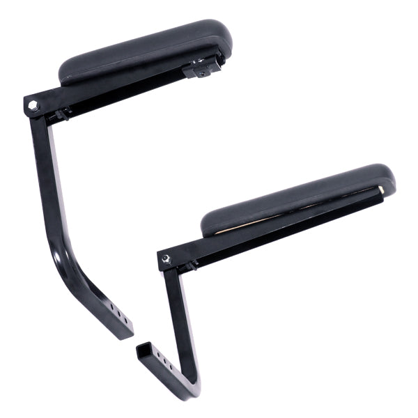 Complete Left & Right Armrest Assembly for the Go-Go Go-Chair and Jazzy Z-Chair; includes black arm pads, steel mounting brackets, and necessary hardware, shown in a fixed height, flip-up design.