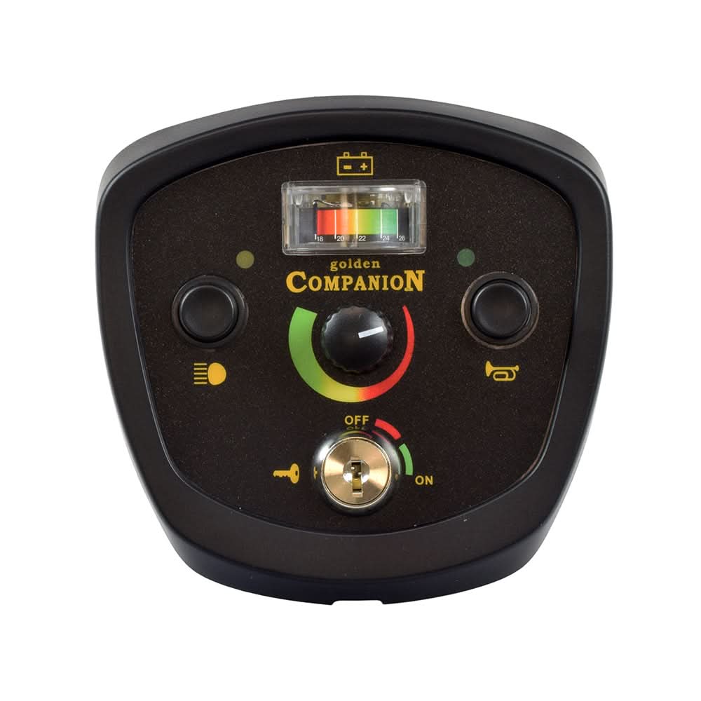 Dashboard Console for the Golden Technologies Companion I (GC221) and Companion II (GC321, GC421), featuring dials, buttons, a battery level meter, and a keyhole, ready for mounting on your mobility scooter.