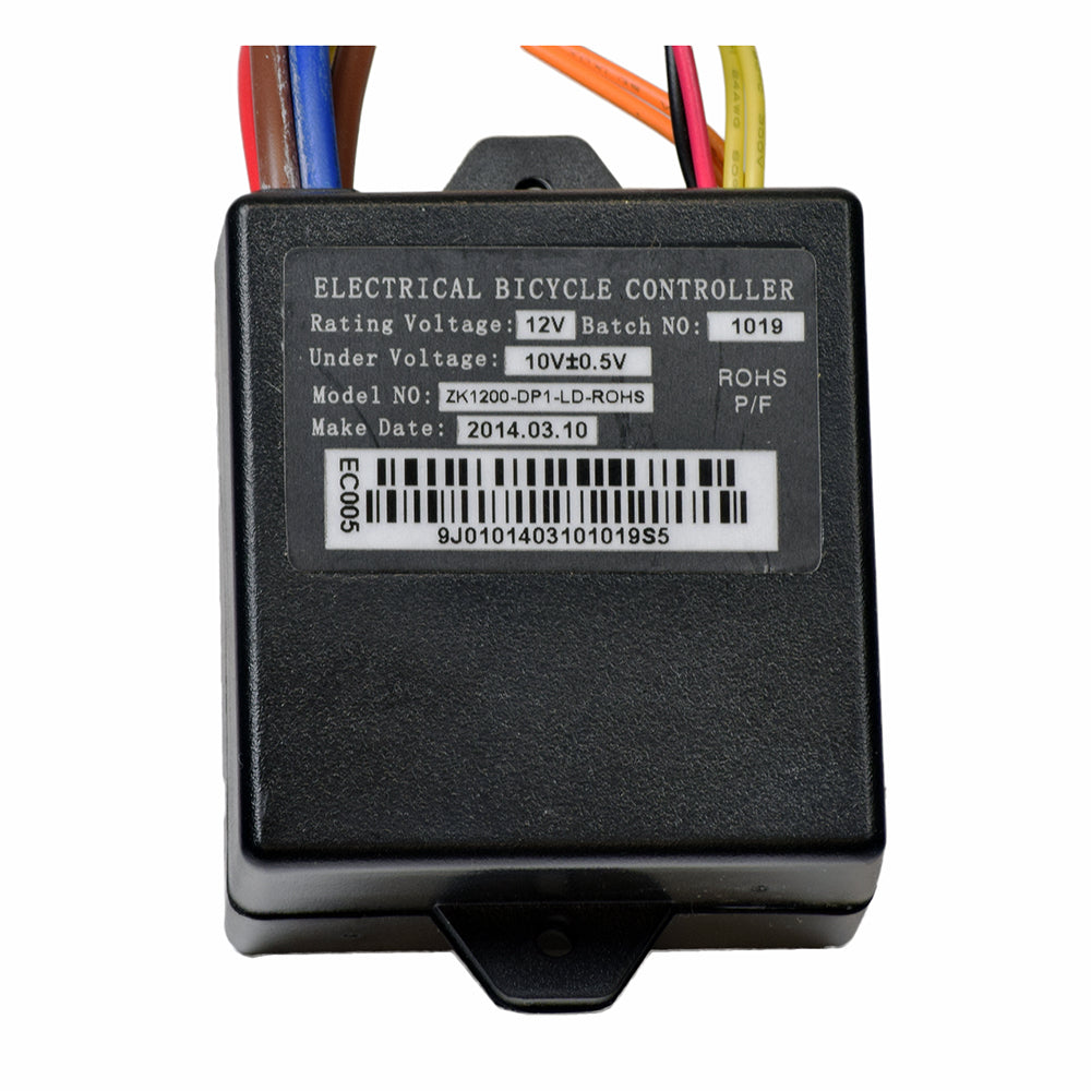 ZK1200-DP1-LD Control Module for Razor E90 Accelerator, featuring a black box with colorful wires and a barcode. This OEM replacement part has seven connectors for easy installation.