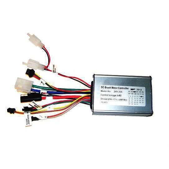 24 Volt 20A Controller for the eZip Skyline, showing a small electronic device with several colorful wires and a close-up of the brush motor controller.