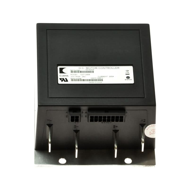Controller for the Pride Wrangler PMV600/PMV620, a black electronic device with three ports, featuring a close-up of a white label and a white sticker with red text.