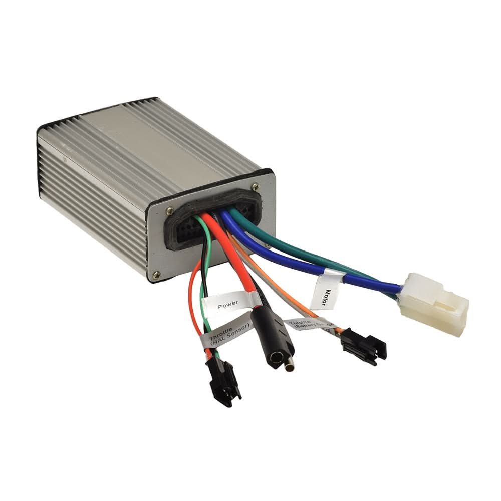 Currie 24 Volt 35A Controller for the Electric Bike Conversion Kit, showcasing a compact silver box with colorful wires protruding, essential for electric bike performance.