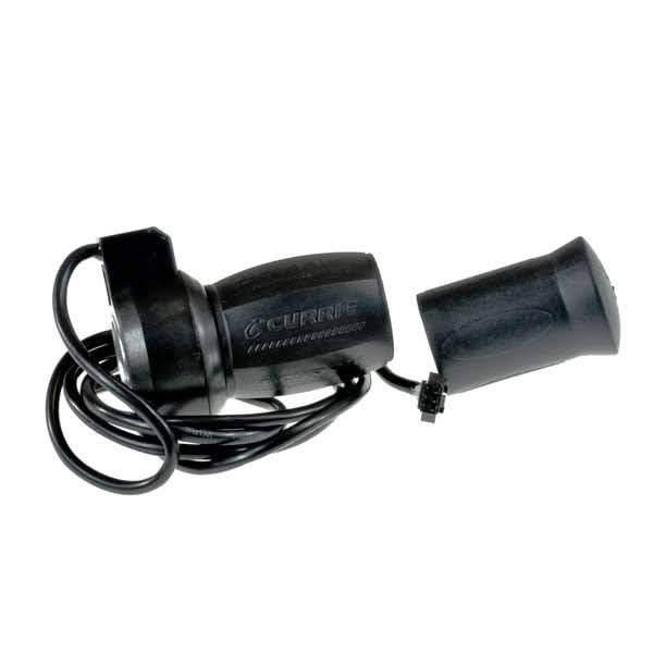 Currie Twist Grip Throttle - 3 Pin Non-Diagnostic for Schwinn, GT, IZIP, & Mongoose Scooters, showing a close-up of the black throttle device with an attached cable.