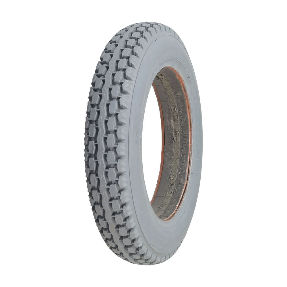 12-1/2x2-1/4 Foam-Filled Mobility Tire with C628 Knobby Tread, close-up shows detailed tread pattern, designed for mobility scooters and power chairs, non-marking gray rubber, no inner tube needed.
