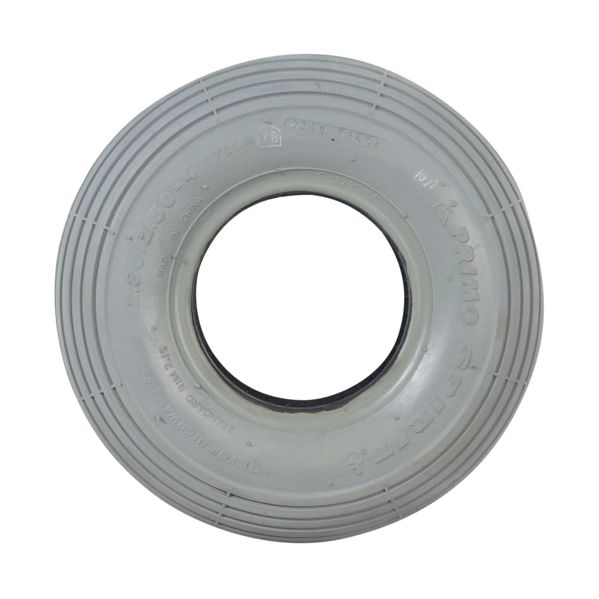 2.80/2.50-4 (9x3) Mobility Tire and Inner Tube Set with Ribbed Tread, showing a grey tire with a central hole, designed for mobility scooters and utility carts.