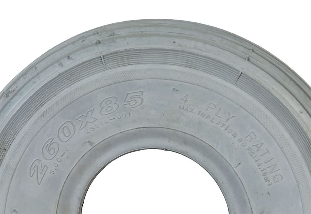 Close-up of the 10x3 (3.00-4, 260x85) Pneumatic Mobility Tire with K301 Ribbed Tread, highlighting its ribbed pattern and durable, non-marking rubber construction for mobility scooters and power chairs.