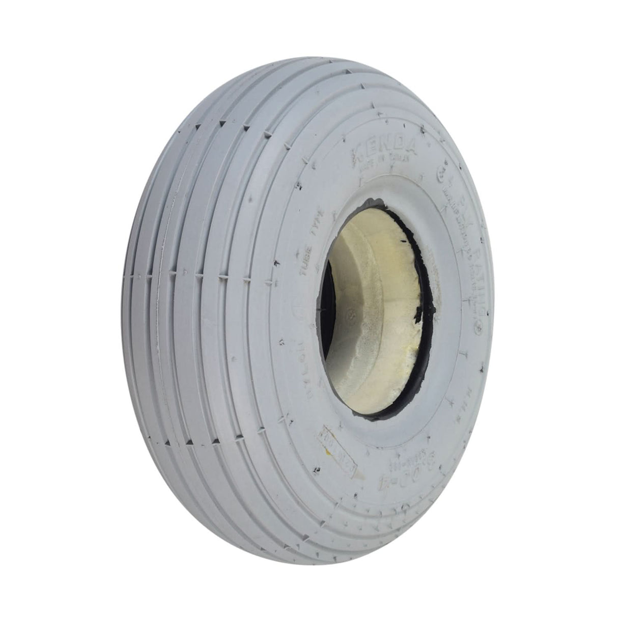 3.00-4 (10x3, 260X85) Foam-Filled Mobility Tire with K301 Ribbed Tread, showing a white circular wheel with a central hole and ribbed pattern, designed for mobility scooters and power chairs.